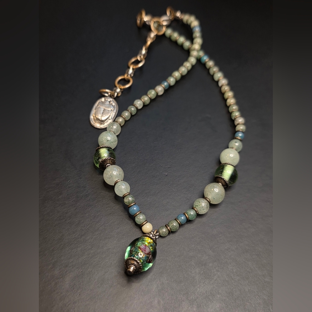 Jade Beaded Necklace W/ Lampwork Pendant And Egyptian Scarab Hangtag - Picture 1 of 7